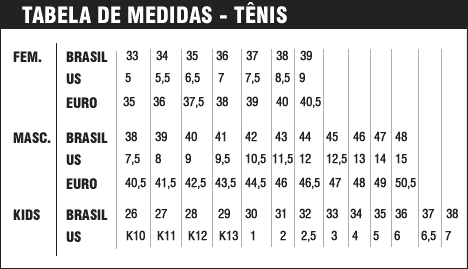 tabela de tamanho de tenis
